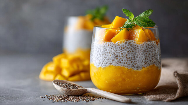 Delicious chia pudding with fresh mango and mint garnish in a glass