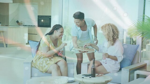 Man opening wooden door, friends prepping pizza and sharing food, animated icons showing pool fun