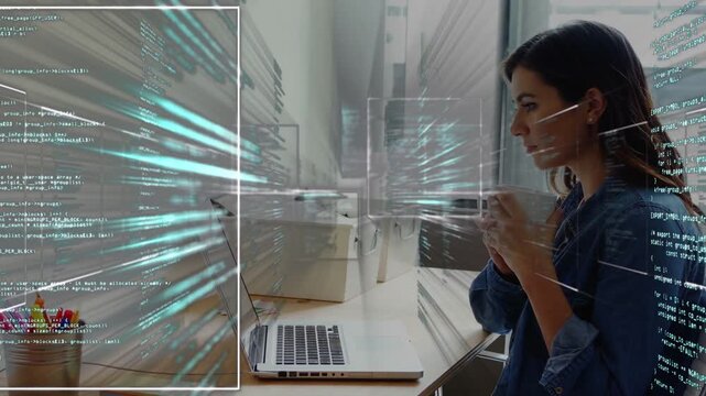 Woman holding mug watching laptop, laptop sending code HUD crossing dev showing live tech flow