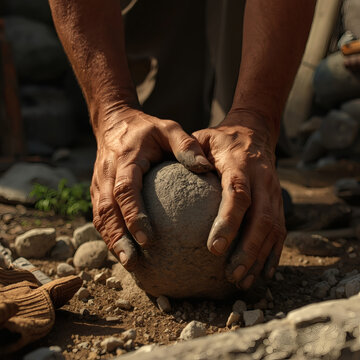 Strong Hands Grip a Stone, Hard Work and Construction Project Concept