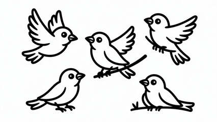 Fototapeta premium Cute Flying Birds Line Art Set Minimal Hand Drawn Avian Illustration Collection in Different Poses