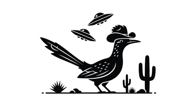 Roadrunner Silhouette with Ufos and Desert Landscape