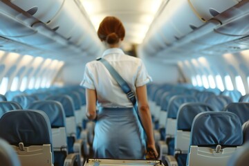 Fototapeta premium Flight attendant walking through airplane cabin aisle