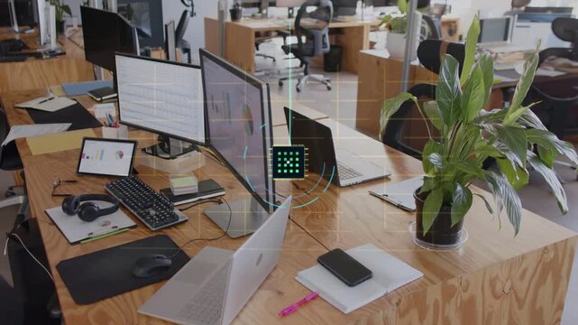 Wooden desk showing central square appearing, overlay expanding, rings pulsing, mapping surface