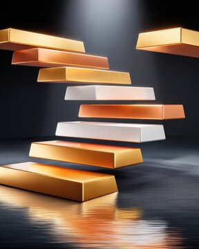 Gold and silver bar staircase under spotlight representing luxury, wealth, progress and success