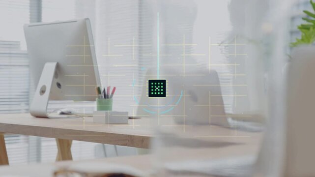 Triangle appearing above tortoise glasses sparking chip icon expanding, showing workspace network