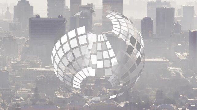 Reflective globe appearing over hazy skyline, rotating tiles sliding, recombining to form sphere