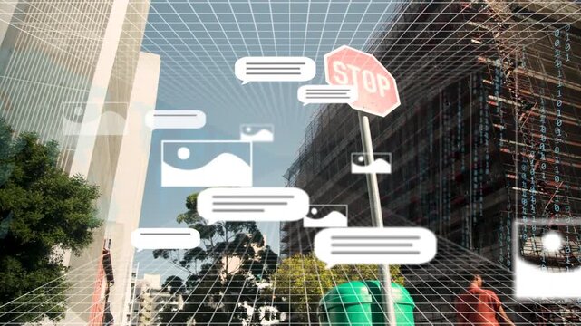Projected grid sparking bubbles clustering stop sign, occluding passing people, aiding urban AR