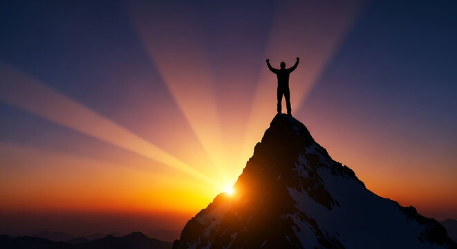 Silhouette of a triumphant male hiker standing on a high mountain peak at dawn with a dramatic sunrise sky background representing success and an active lifestyle concept.