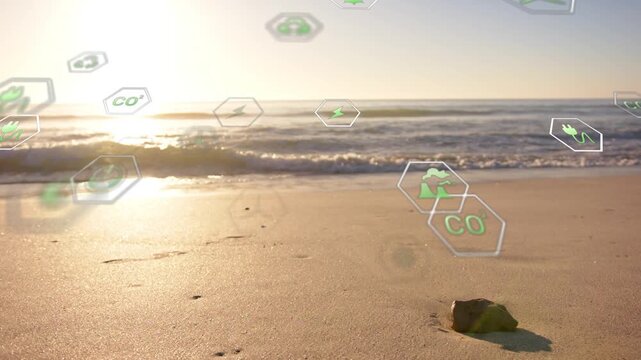 Low sun causing eco icons appearing, drifting across shore, bag staying, showing awareness