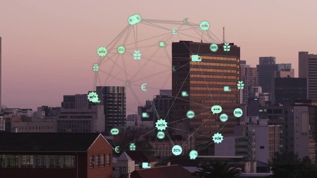 Dusk glow revealing teal holo network growing pulsing, aligning over tall tower showing trade icons