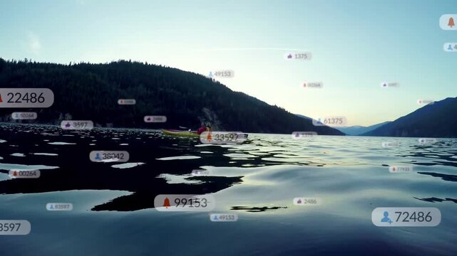Senior couple paddling kayak on lake, motion causing data labels peaking then thinning showing data