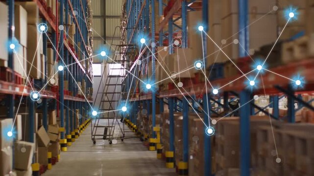 Node overlay appearing on left racks, spreading across aisle around ladder, visualizing stock flow