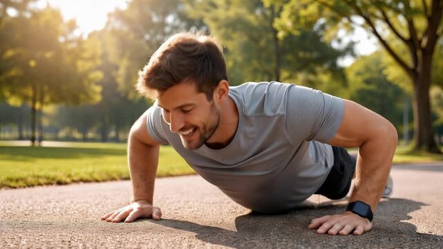 Handsome and fit young man performing push ups on an asphalt path in a public park, enjoying his morning workout routine with a positive attitude and wearing a smartwatch to track his progress