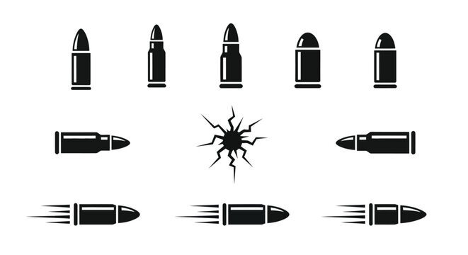 Assortment of black bullet icons including cartridges, flying projectiles, and a bullet impact mark
