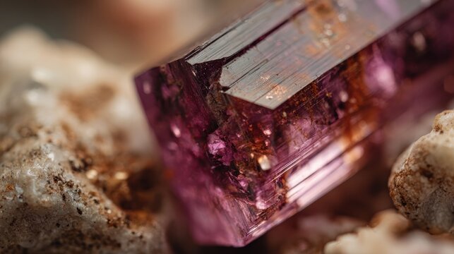 Close-up of a purple tourmaline crystal embedded in rough stone, showcasing intricate details and natural textures, with a blurred background enhancing its beauty