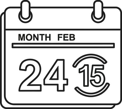 Black and white line art vector icon showing a February calendar date with the number twenty four and fifteen isolated on a clean white background for your design project
