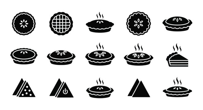 Collection of delicious pie illustrations and dessert icons in a clean black and white graphic style