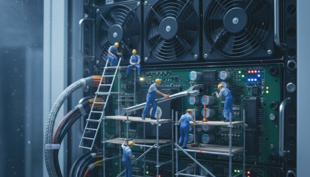 Tiny construction workers in blue overalls repair an enormous computer in a bustling tech environment