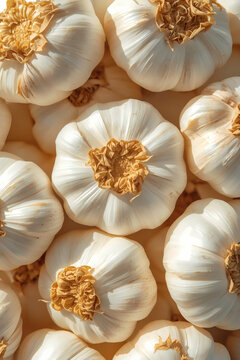 Fresh White Garlic Bulbs Pile Close-Up from Above, Healthy Cooking Ingredient