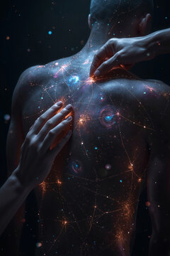 Human Back with Luminous Network and Cosmic Elements on Dark Background