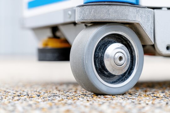 Close-up of ground penetrating radar equipment wheel on textured surface, showcasing detailed design and functionality in a professional setting