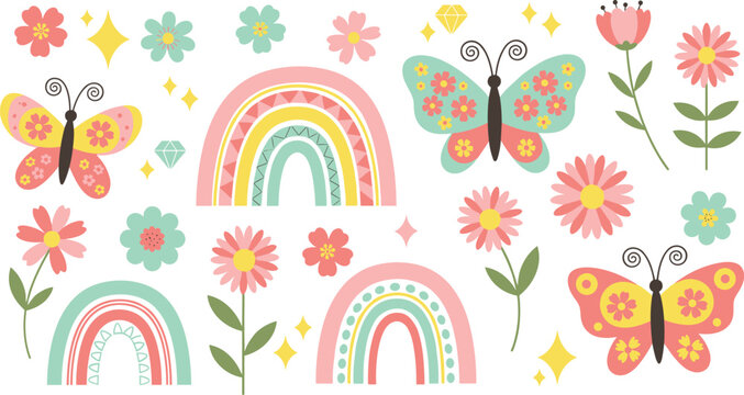 Cute pastel rainbows with butterflies and flowers collection, boho nursery elements, colorful vector illustration set for kids