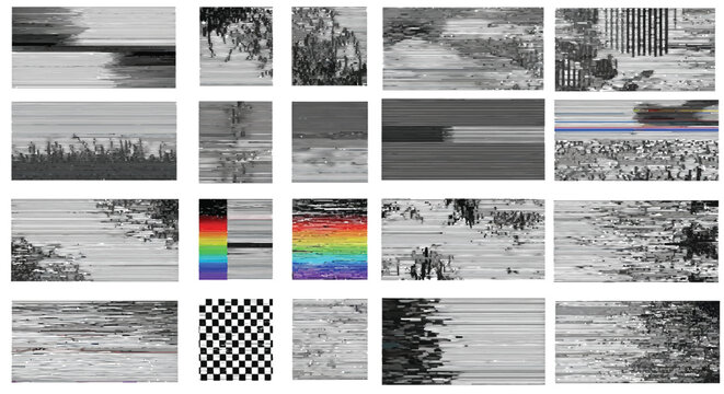 Digital glitch art collection featuring various distorted noise patterns and monochrome stripes in a grid layout