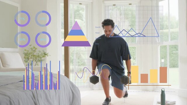 Man entering bedroom carrying dumbbells, doing forward lunges while fitness overlays tracking reps