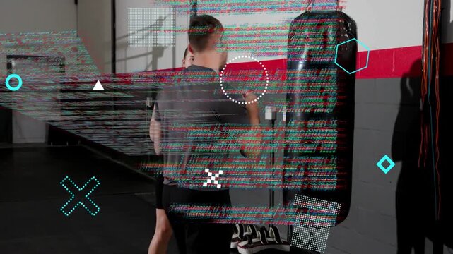 Coach shifting heavy bag nudging gloved trainee punching for boxing while glitch UI obscuring scene