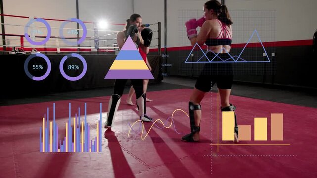 Two fighters sparring in dojo, one stepping to attack, coach watching animated graphs for training