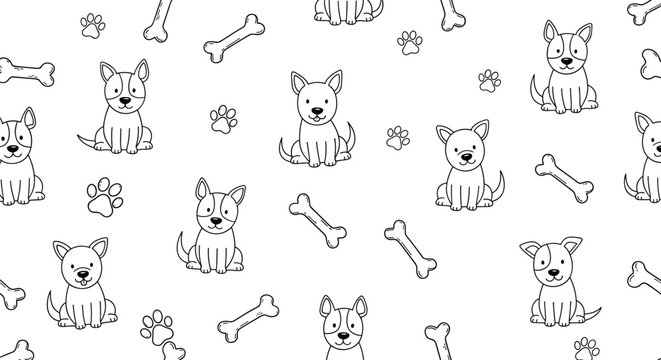 Cute puppy seamless pattern with bones and paw prints, black and white cartoon dog background vector illustration