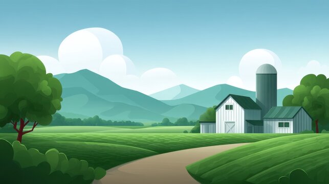 Scenic rural landscape with a farm, barn, silo, and rolling green hills under a bright blue sky with fluffy clouds in a vibrant cartoon style