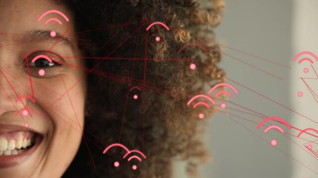 Woman opening eye, reacting to tech overlay, camera panning, pink arcs linking across face