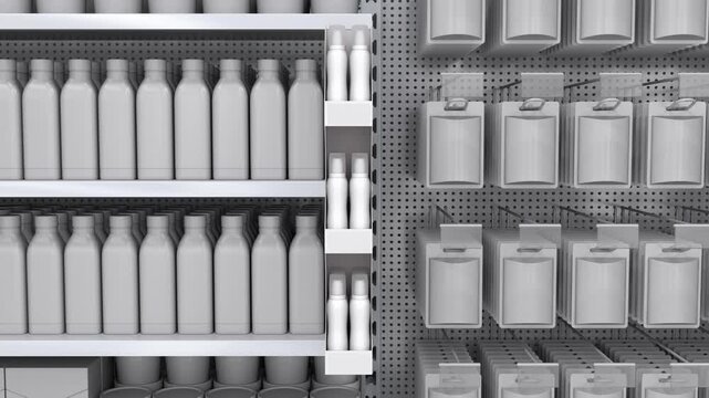 Sliding motion along a mockup of supermarket shelves with blank goods, hangsell plastic display with spray bottles, and pegboard euro hooks with small items packages and price holders. 3d animation