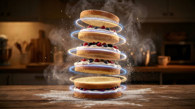 Surreal floating cake layers with glowing blue energy rings and flour on a rustic wooden kitchen table