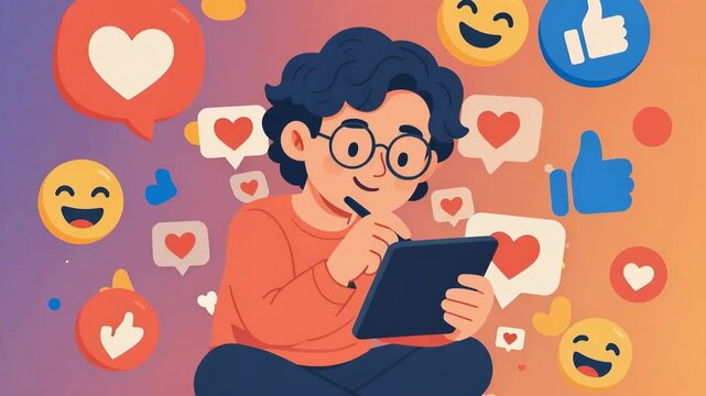 Animated illustration of a happy young digital artist creating content on a tablet and receiving positive feedback with likes, hearts, and emojis flowing around on a colorful background
