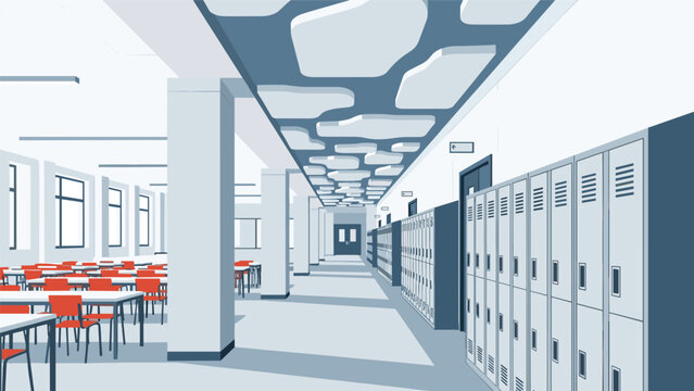 Wide view of an empty modern school hallway featuring long rows of gray metal lockers and a brightly lit cafeteria with red chairs.