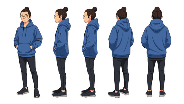 Character design sheet showing a man in a blue hoodie and black pants from five different angles including front, side, and back.