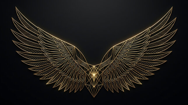 Golden wings spread wide on black background with light shining through