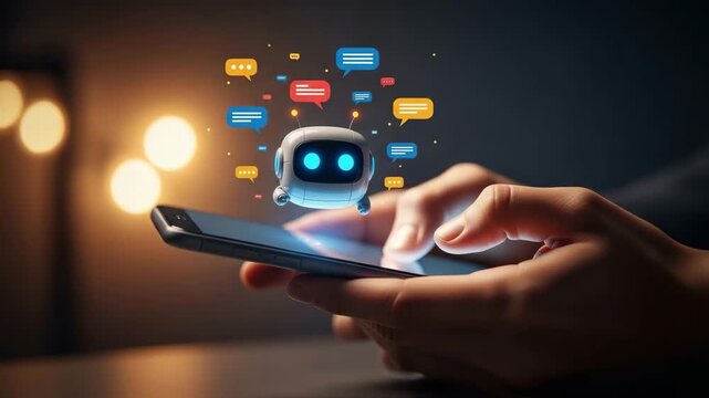 Digital Assistant interaction: A person's hand interacts with a smartphone, with a digital assistant hovering above, accompanied by communication bubbles.
