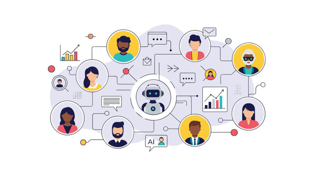 Central robot icon surrounded by a network of diverse people and data charts representing artificial intelligence and automation in work.