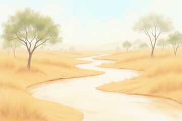 Naklejka premium A dry savanna creek landscape illustration background with sandy bed and sparse trees