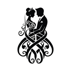 Vector illustration of wedding couple silhouette embracing with ornaments. © MdKhalidIbneMahbub