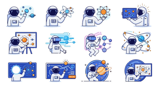 Astronauts exploring space and science with futuristic technology and virtual reality.