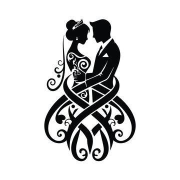 Vector illustration of wedding couple silhouette embracing with ornaments.