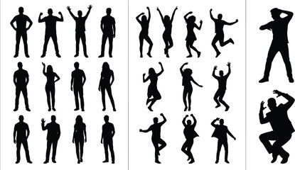 Fototapeta premium Silhouette of people in various poses, jumping, standing, celebrating, man and woman collection, active lifestyle, success, happiness, energy, group, isolated.