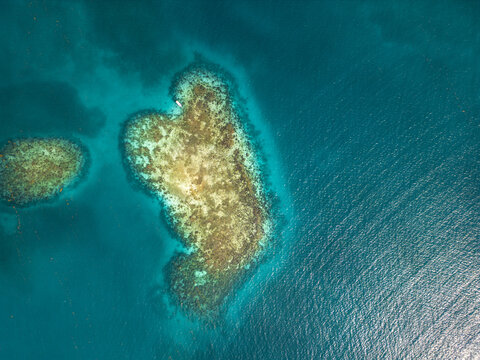 Aerial view of a vibrant coral reef formation surrounded by crystal clear turquoise Caribbean waters and sunlight reflections Guanaja, Bay Islands Department, Honduras.