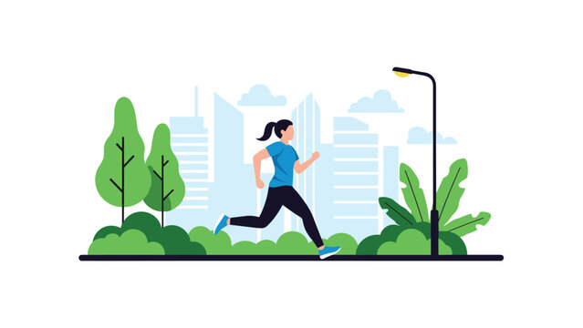 Young active woman goes for a morning run in a green city park with skyscrapers and modern urban buildings in the background scenery.