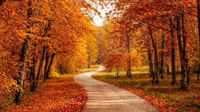 Colorful trees and rural road in deep autumn forest.

